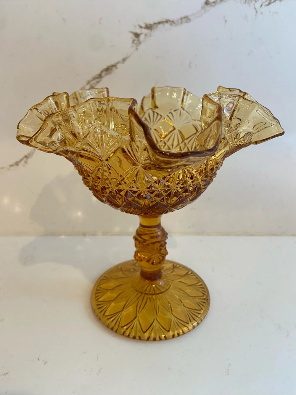 Vintage Fenton Style Amber Glass Pedestal Trinket Dish W/ Ruffled Rim 5” (read)